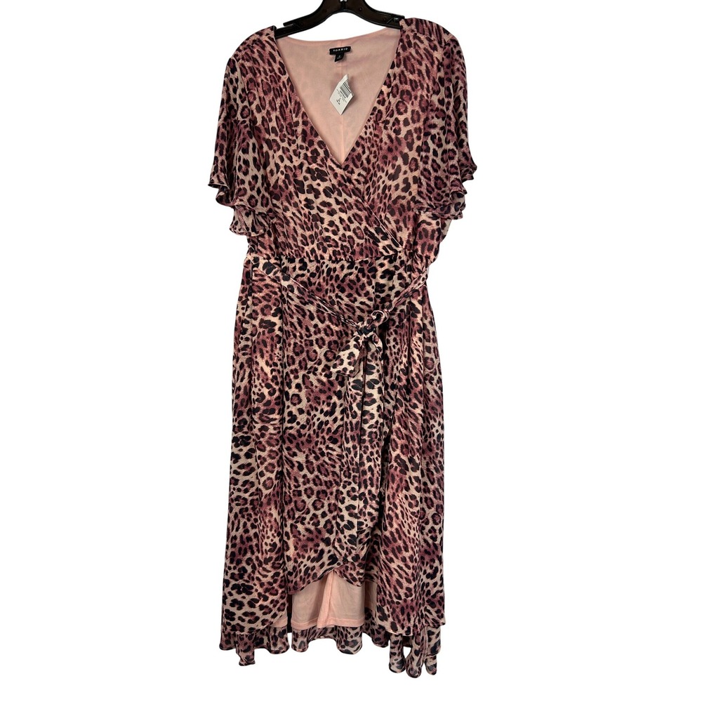 Torrid Pink Leopard Print Midi Chiffon Flutter Sleeve Wrap Dress 2X 18-20